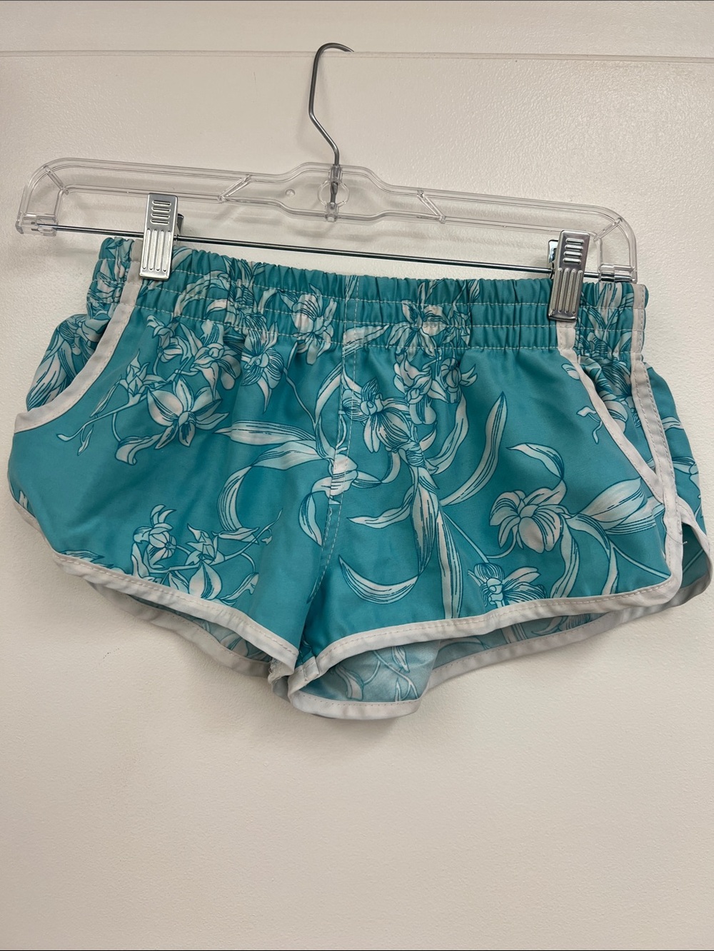 Vintage Y2K Teal Floral Women's Swim Board Shorts with White Trim Elastic Waist